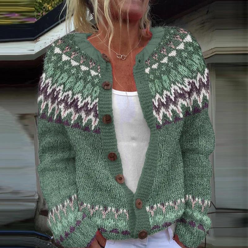 Women's Pink V-Neck Knit Cardigan with Jacquard Floral Pattern