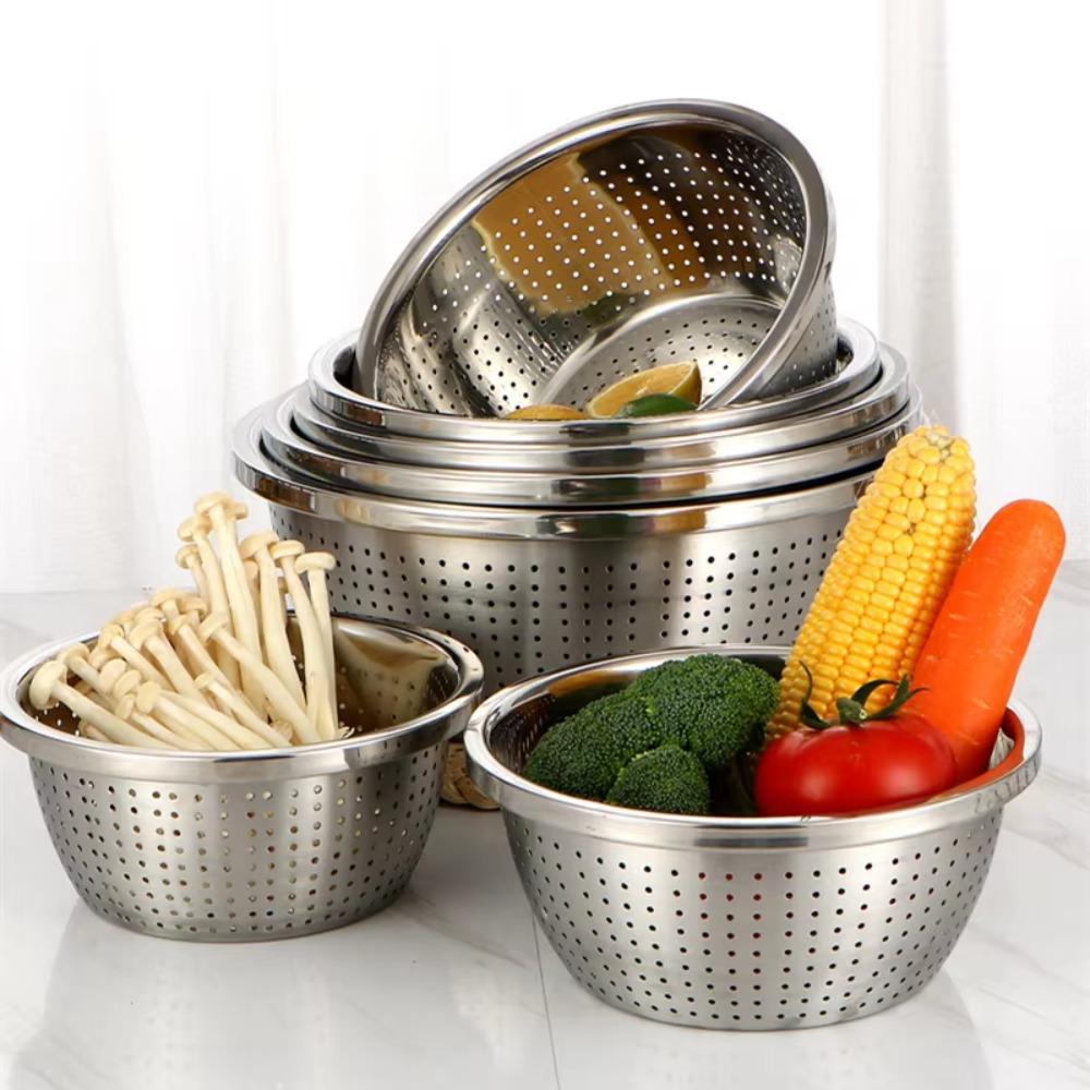 Multiple Drainage Holes Stainless Steel Drain Basket Widened Edge Drain Basin  Fruits