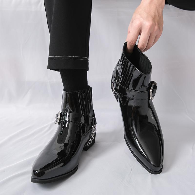 Plus Size High-Top Martin Boots: Men's British Style Glossy Patent Leather Chain Boots for Autumn/Winter 2025