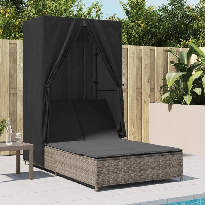 VidaXL Double Sun Lounger with Roof and Curtains Grey Braided Resin, Sunbed, Outdoor Daybed, Daybed of 368101