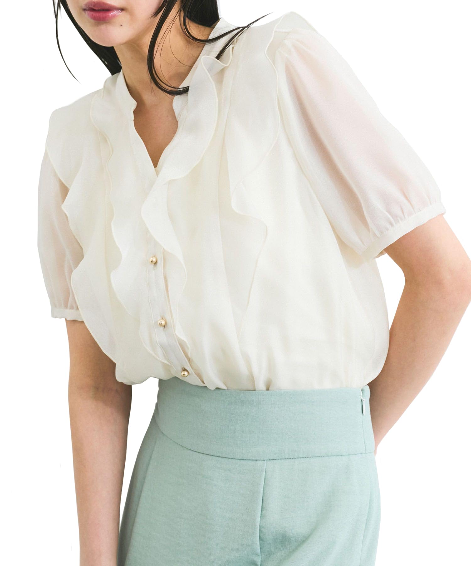 

Blouse Sheer Ruffle Short Sleeve Blouse for Natural [BIS] [Washable] Women, (16)