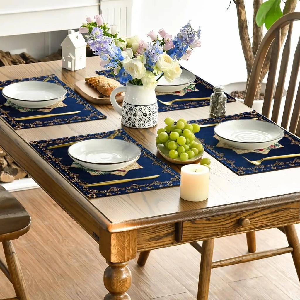 4PCs Happy Passover Linen Placemats Kitchen Dining Table Decor Pesach Star of David Table  Mats for Jewish Party Decorations