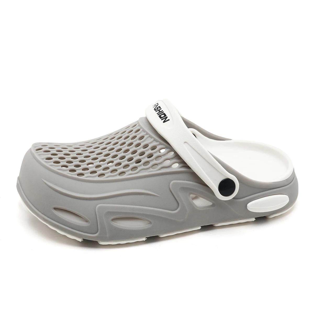 

2025 Новый дизайн сандалий для мужчин, модные тапочки с толстой подошвой, мужская садовая обувь, однотонные дышащие сабо, повседневная пляжная обувь 44-45 серый