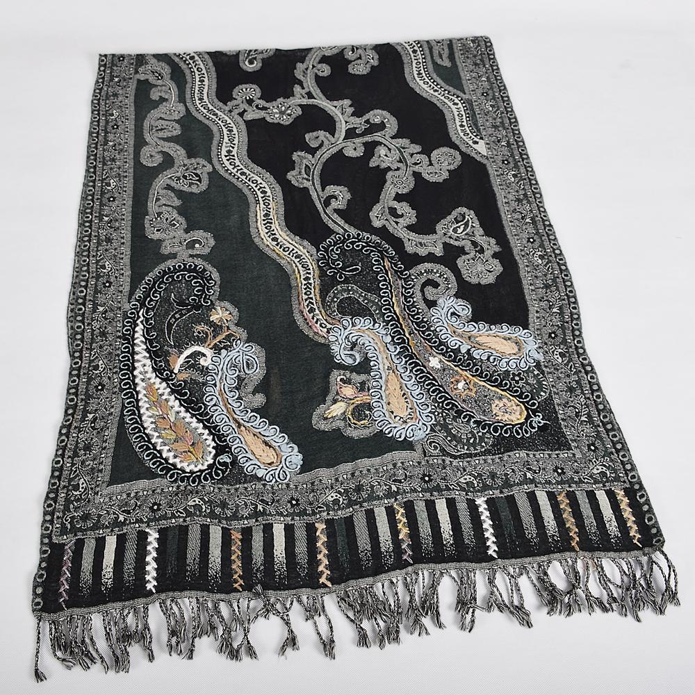 Black Grey Paisley 100% Wool Scarves Pashmina Thicken Women Winter Embroidery Scarf Shawl Fashion Accessories Warm Neck Scarf