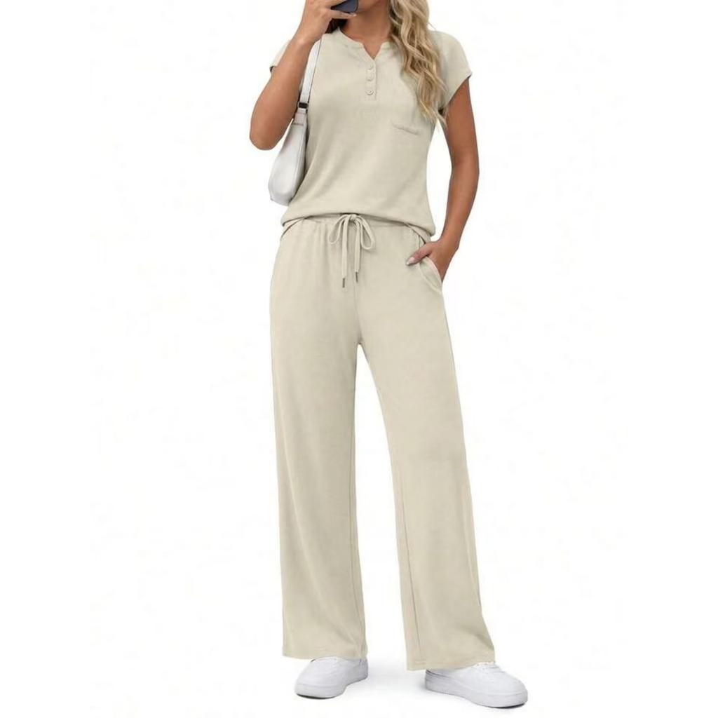 Fashion Women's Spring And Summer Short Sleeved V-neck Top Loose Wide Leg Pants Set