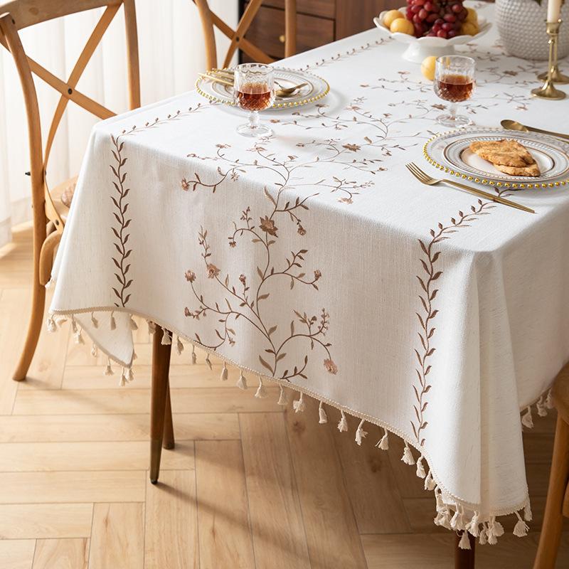 Embroidery High-Grade Waterproof Cotton And Linen Fabric Dining Table Cloth Rectangular Fringe Simple Tablecloth