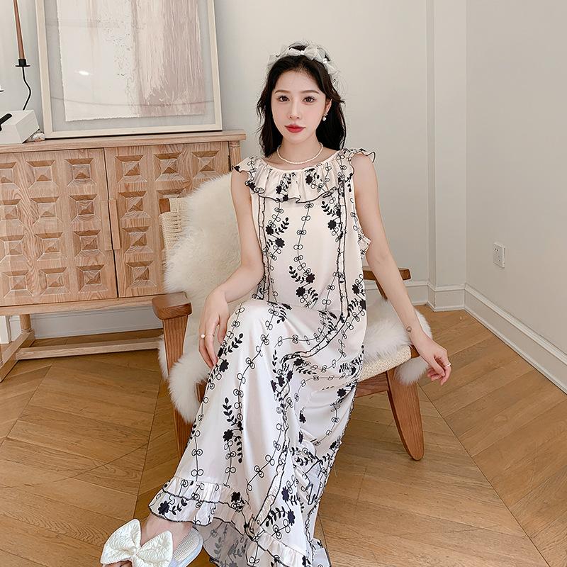 Summer Women's Sleeveless Loose Floral Nightgowns Can Be Worn Outside, Ice Silk Long Skirts, Loungewear Pajamas Ins Wind Wear