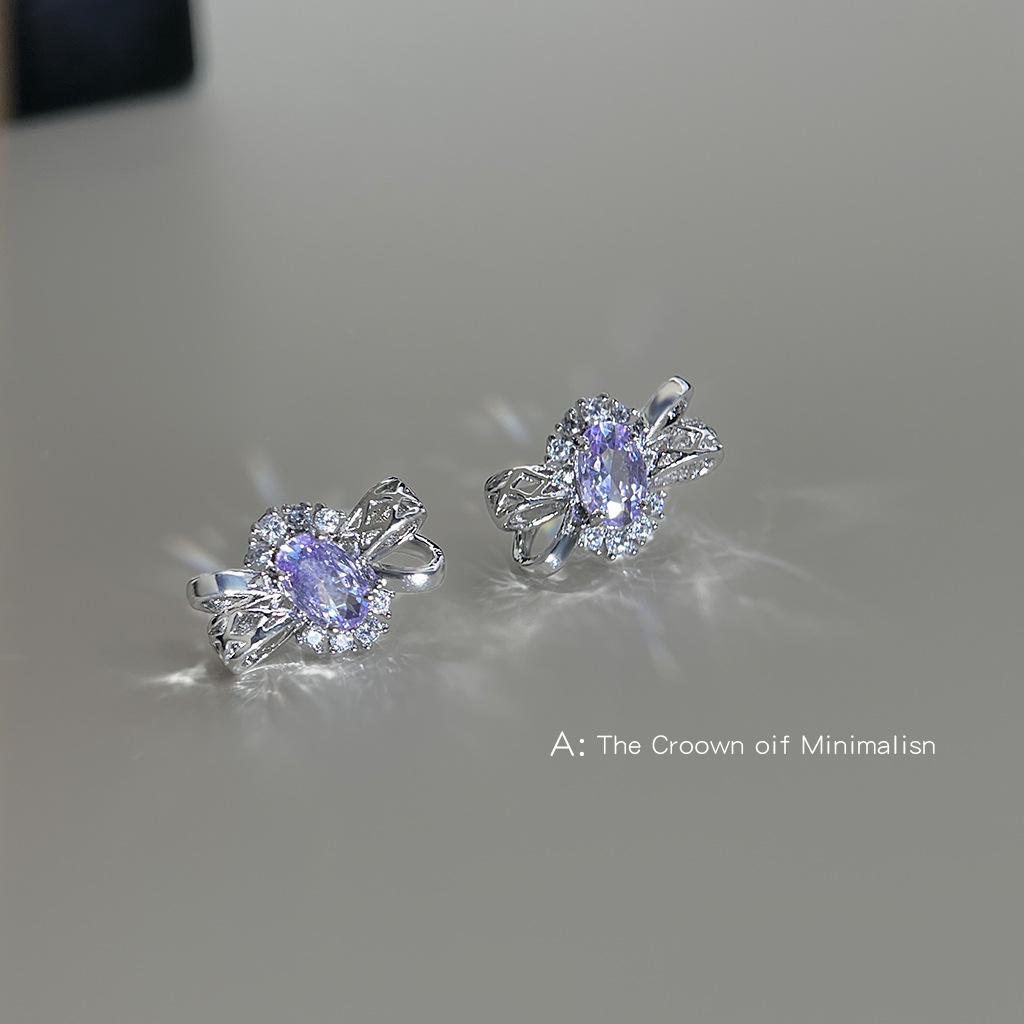Light luxury slightly inlaid purple zircon hollow three-dimensional bow new stud earrings temperament elegant earrings