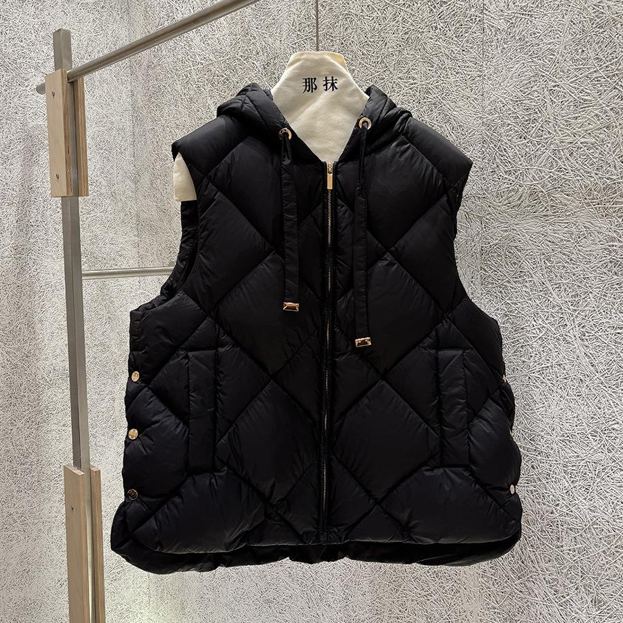 Autumn and Winter European Station Rhombus Hooded Drawstring Side Split Down Jacket Women's Winter Clothing White Duck Down Warm Vest