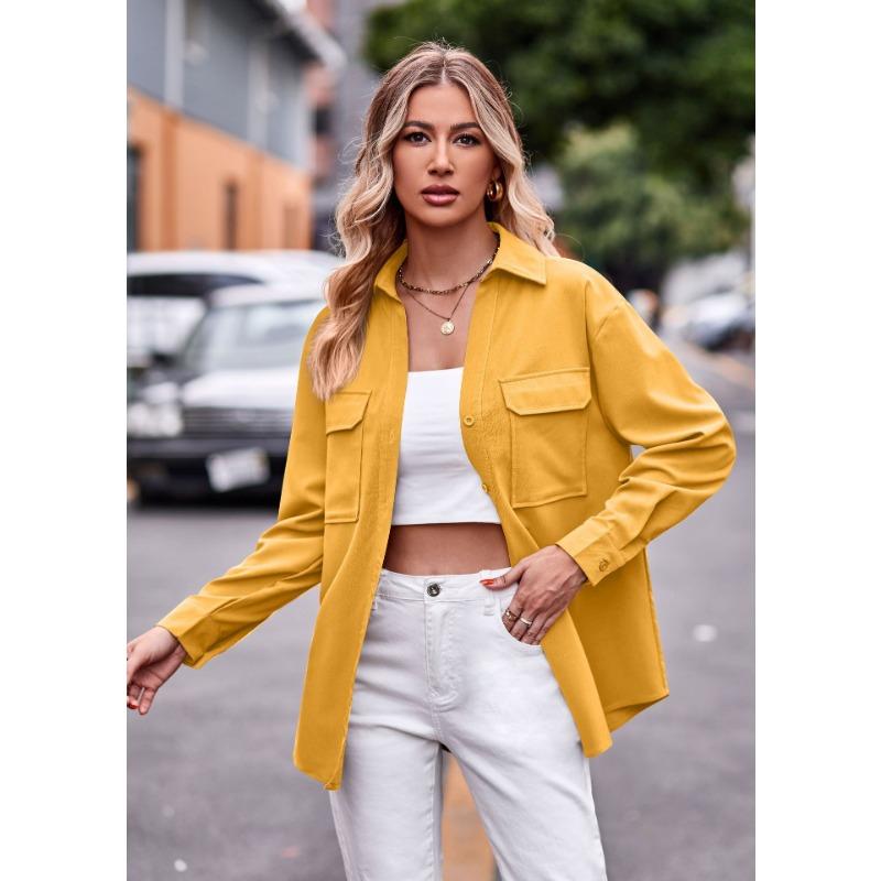 Women S Long Sleeve Solid Color Button Up Shirt With Pockets Casual