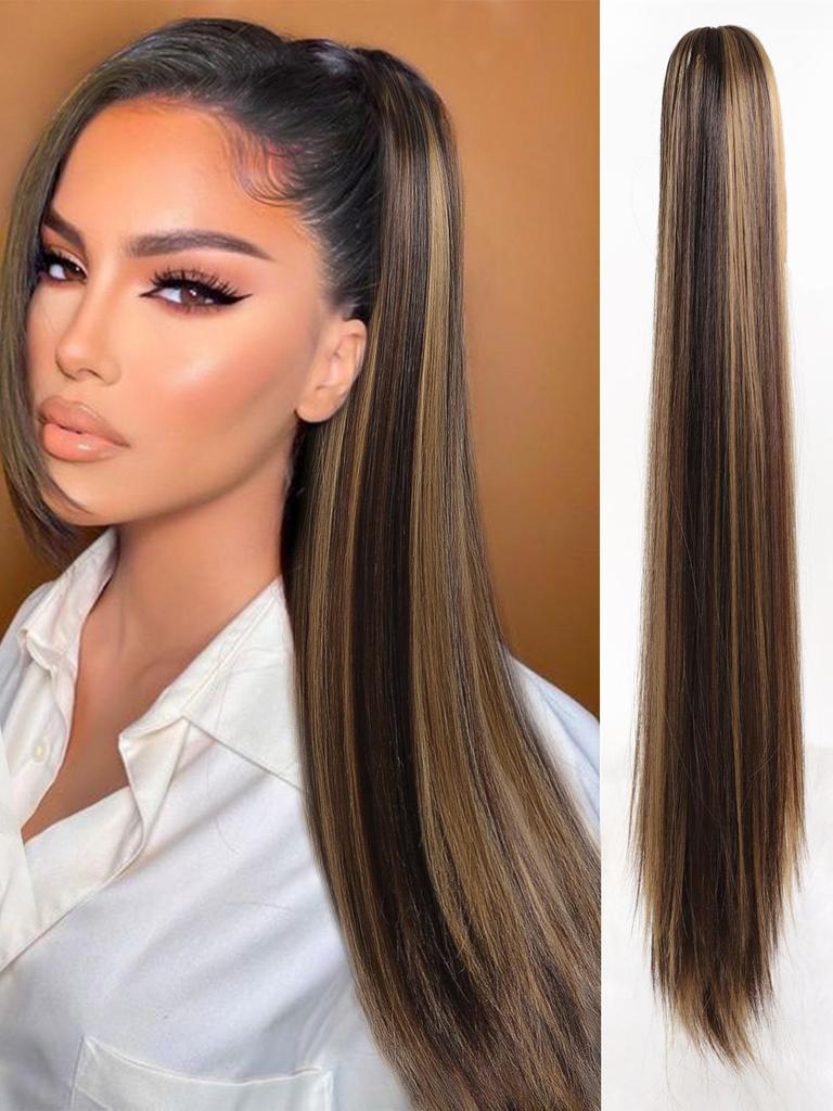 Synthetic Hair Extensions 24 Inch Long Straight Claw Clip Ponytail Wig Suitable For Women's Daily Party Use