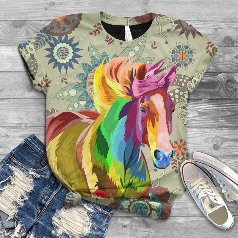 Women T-shirt 3d Horse Print Tshirt Women Fashion Crew Neck Short Sleeve T-shirt Animal Graphic T Shirt Ladies Tops Tees