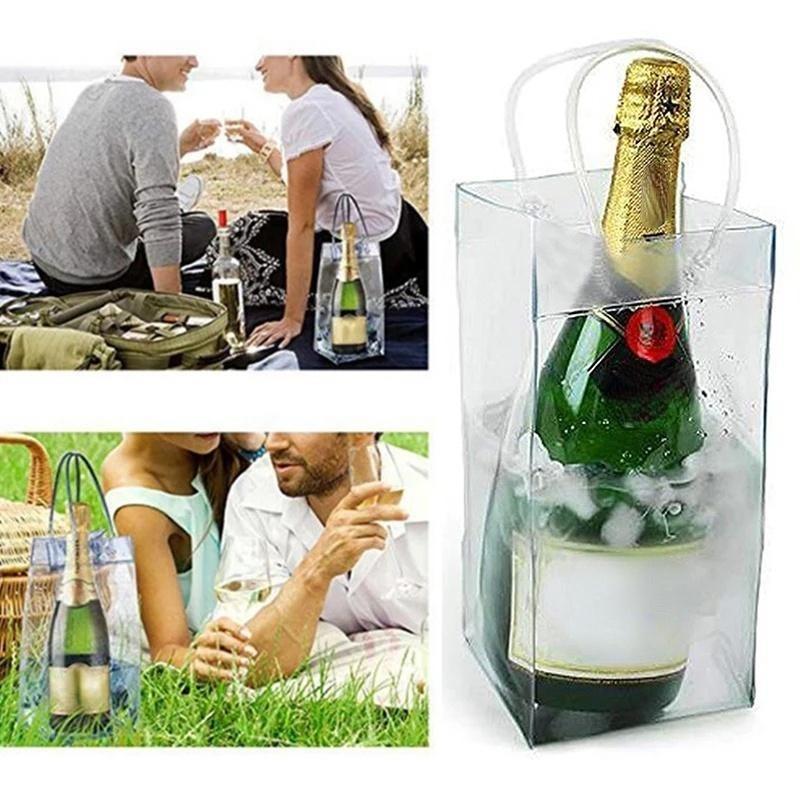 1Pc PVC Leakproof Ice Bag Eco Friendly Transparent Ice Pack Portable Ice Bucket Wine Champagne Bottle Chiller with Carry Handle