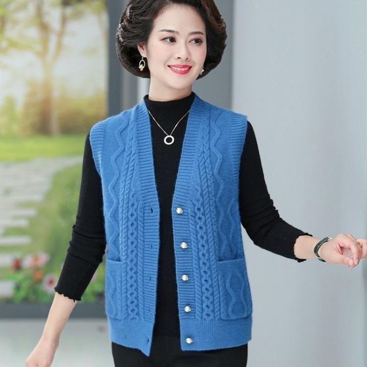 Mom Knitted Vest for Spring and Autumn V-neck Knitted Cardigan Vest for Middle-aged and Elderly Solid Color Vest