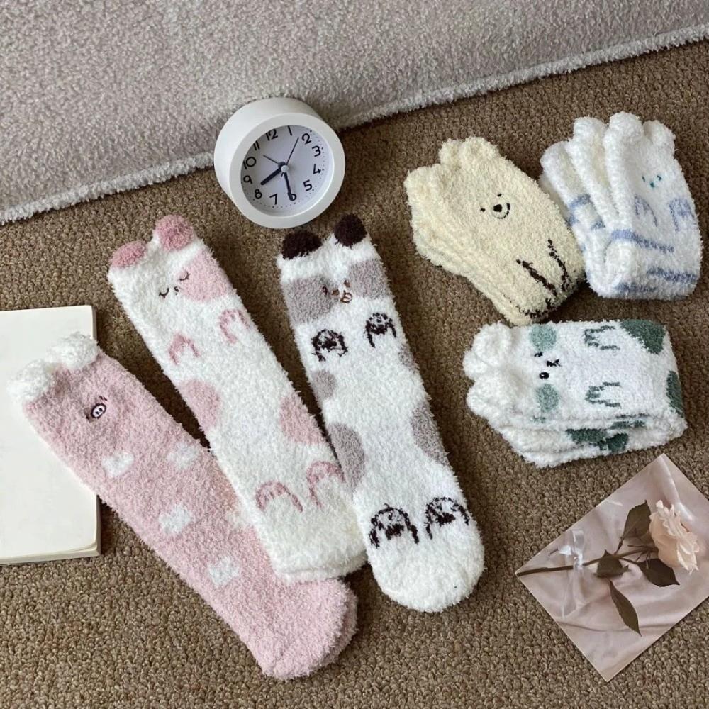 Soft Cute Animal Socks Breathable Winter Floor Socks Kitty Coral Fleece Socks  Girls