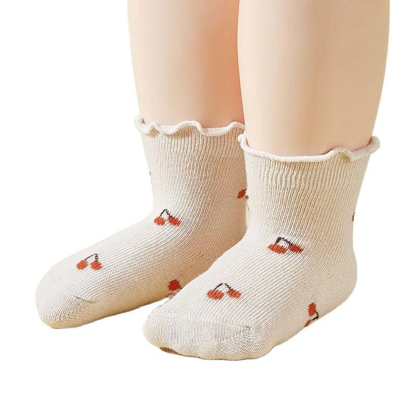 5 Pairs a Lot Flower Baby Socks Cute Cherry Printed Kids Girls Floor Socks Toddler Anti Slip Adhesive Socks