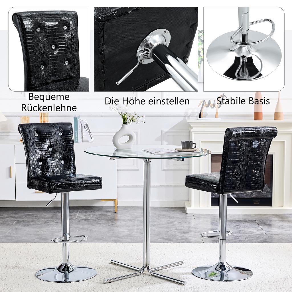 A Set of 2 Black Vintage Crocodile Leather Lift Bar Stools, with Crystal Buckle and Synthetic Leather Design, Add Elegance and Mystery to Dining Area