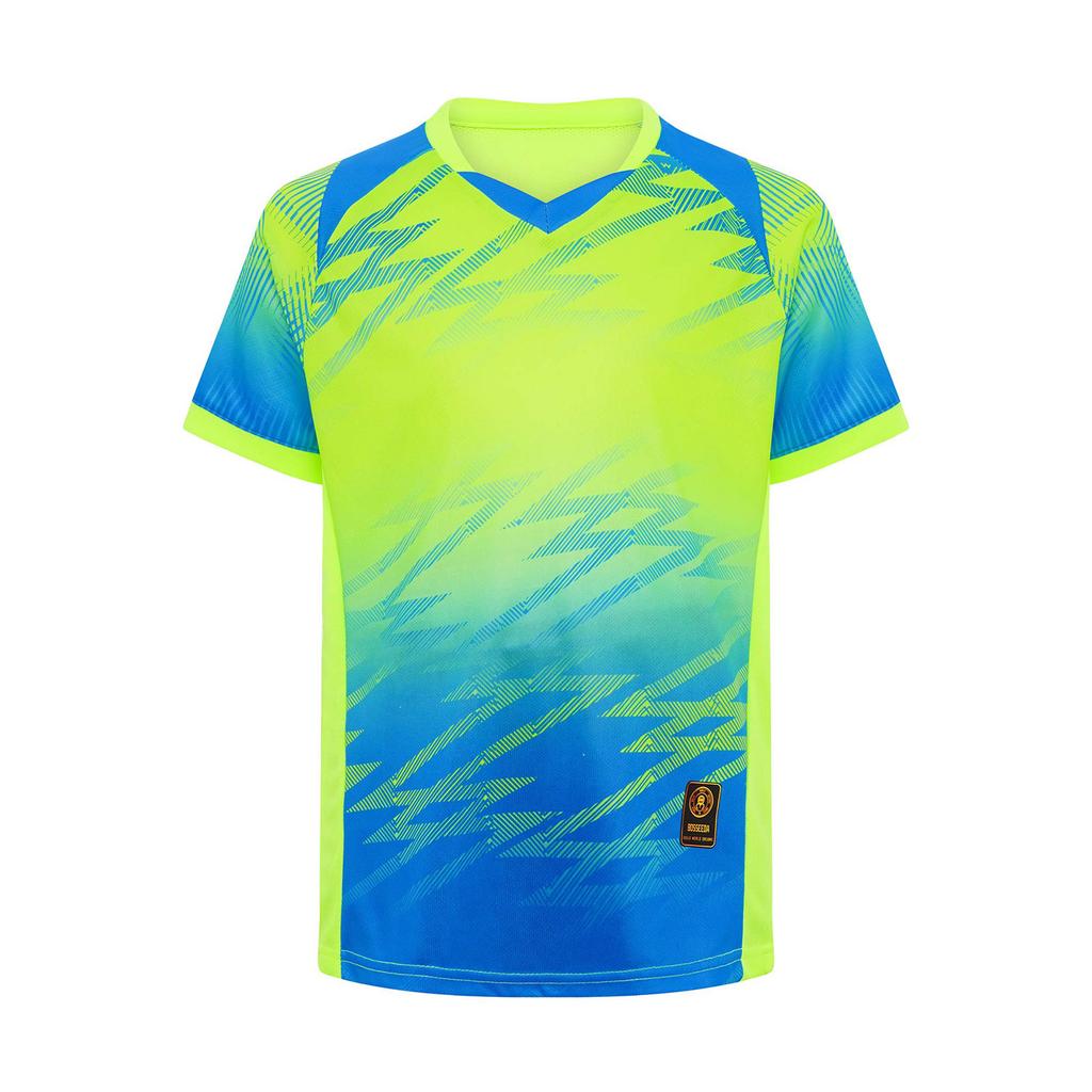 Jungen Fußball Trainingsanzug V-Ausschnitt Kurzarm Kontrastfarben Print T-Shirt Kordelzug Elastischer Bund Shorts