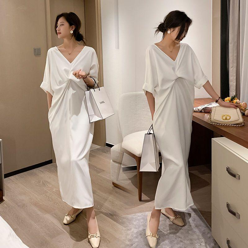 

Платье-футболка с узлом Летнее Свободное Скрывающее полноту Стройнящее Открытая спина V-образный вырез Макси-платье 3XL белый