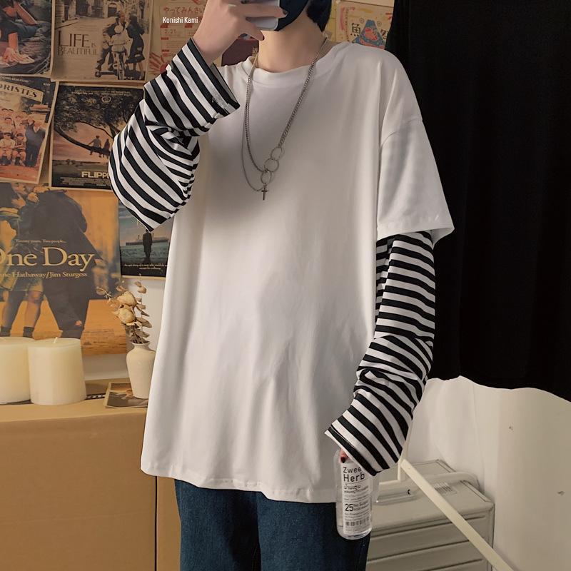 Trendiges Koreanisches Lockeres Herren-T-Shirt mit Langen Ärmeln und Fake-Zweiteiler-Look