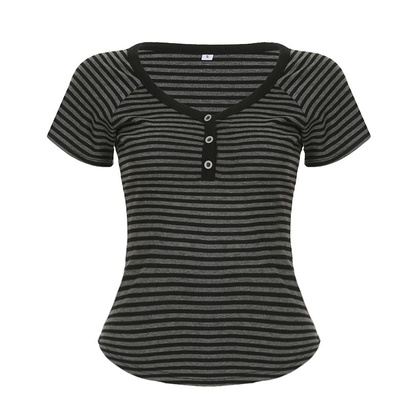 VAYLA Korean Fashion Striped V-Neck With Buttons Slimming T-shirts Women's Summer Short Sleeve Top Tees Y2K Aesthetics New