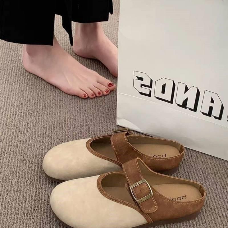 Fashion Crestar Women's Flat Slippers with Adjustable Buckle Fashion Suede Mules 2025 New Soft Bottom Sandals Lady Casual House Slides