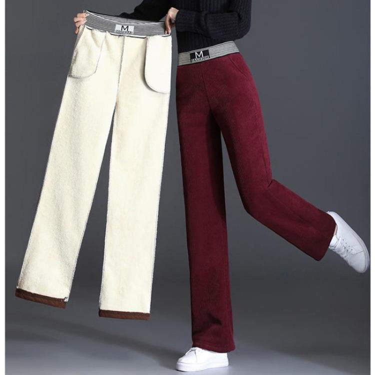 Women's High Waist Velvet Warm Wide Leg Pants Loose Straight Trousers Thickened Bottom Fashion Plus Size Autumn Winter