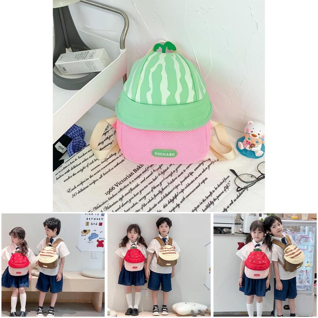 Kids Cotton Cartoon Fruit Hat Backpack With Contrasting Stitching And Soft Polyester Lining For School Use