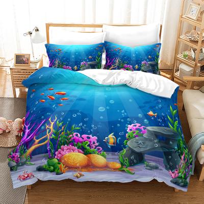 Fish Duvet Cover Set Ocean Bedding Sets 3D Printed Underwater World with Goldfish Coral Reef Polyester Quilt Cover for Kid Adult
