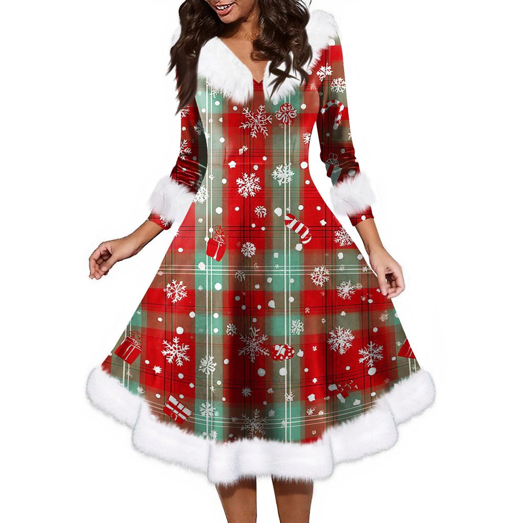 Women's Fashion V-neck Casual Fit Christmas Print Party Long Sleeve Dress