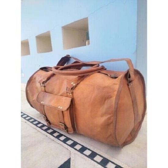 Handmade Travel Men's Genuine Vintage Goat Leather Brown Overnight Weekender Bag