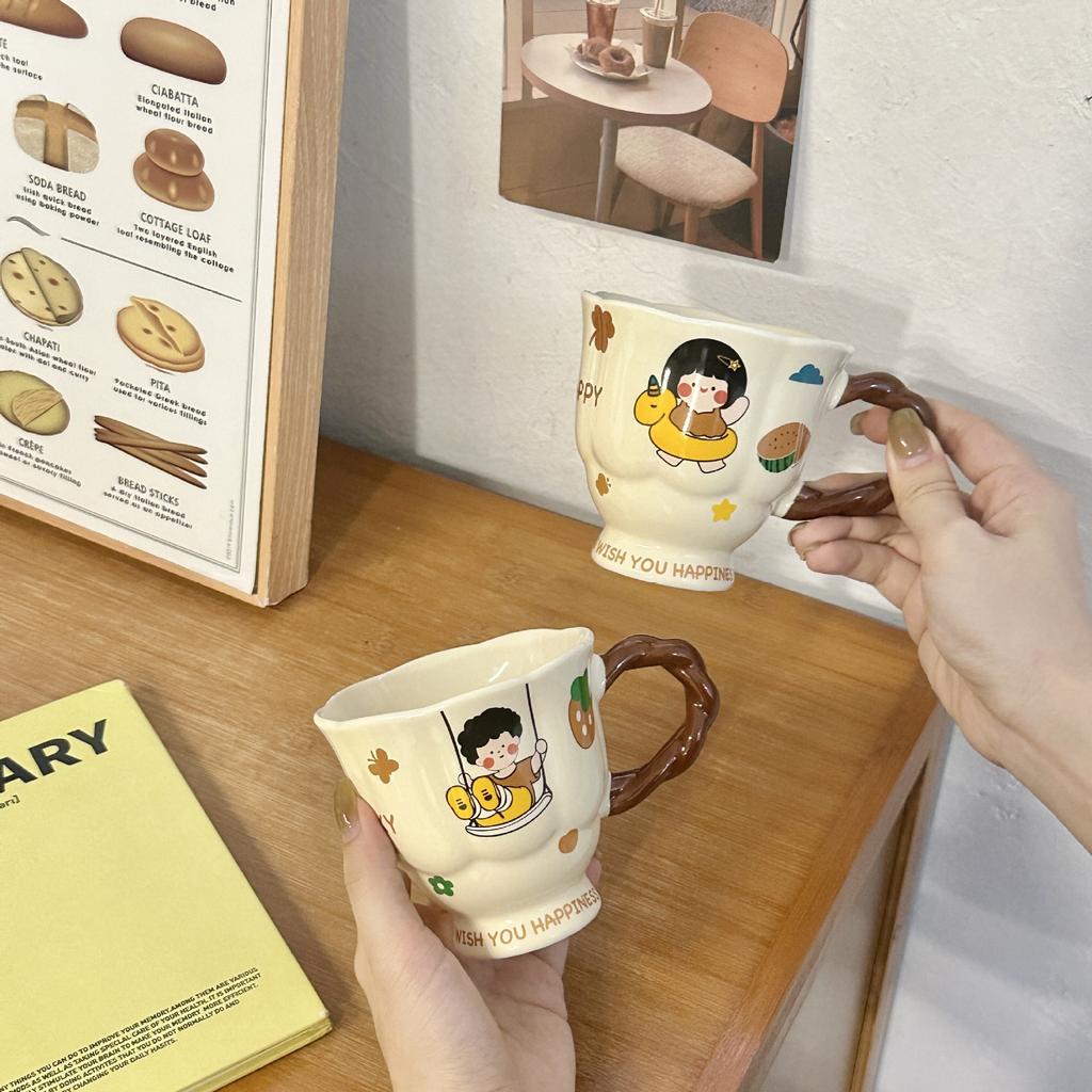 Cartoon Boy and Girl Couple Ceramic Mug Souvenir High Footed Cup To Give Birthday Gift To Friends Best Friend Sisters