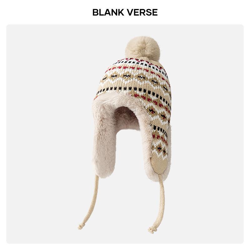 Fair Island contrasting color knitted wool hat women's season versatile big head circumference showing face small ear protection warm pullover hat