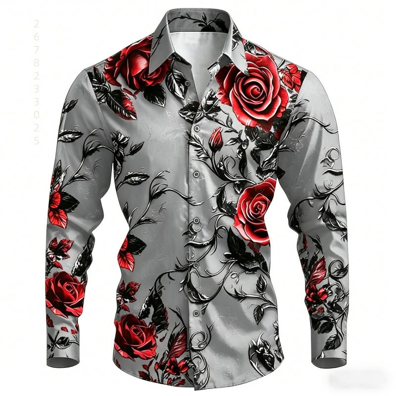 2026 New Men's Shirt with Black Background and Red Rose Print, Slim Fit and No Iron Business Casual Shirt, Versatile Top