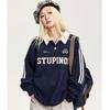 Women's Retro Preppy Striped Waffle Knit Polo Sweatshirt - Loose Fit, Raglan Sleeves
