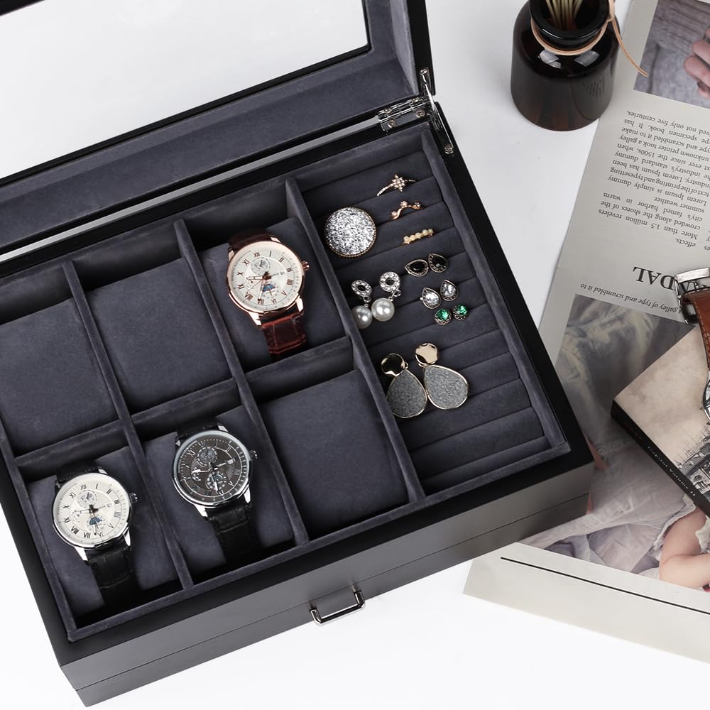 Baskiss Luxury Wooden Watch and Jewelry Storage Holds 6 4 and Collectible 2-Layer Case, Watch, Eyeglasses, Box, Watches, Sunglasses, Accessories,