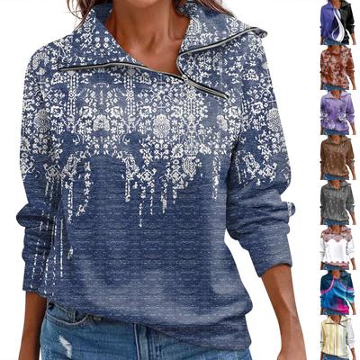 Ladies' And Winter Top With Zipper, Casual Retro Floral Print Long Sleeved Top