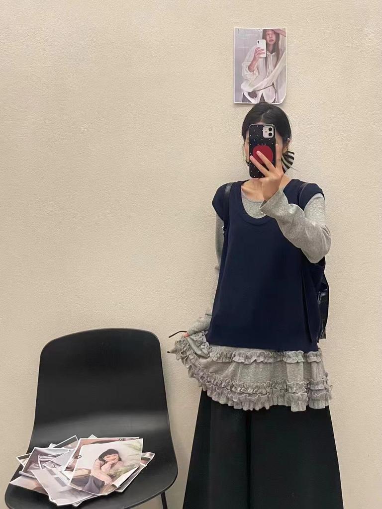 DA7 Women's Loose Plus Size Layered Knit U-Neck Vest - Spring Korean Casual Style