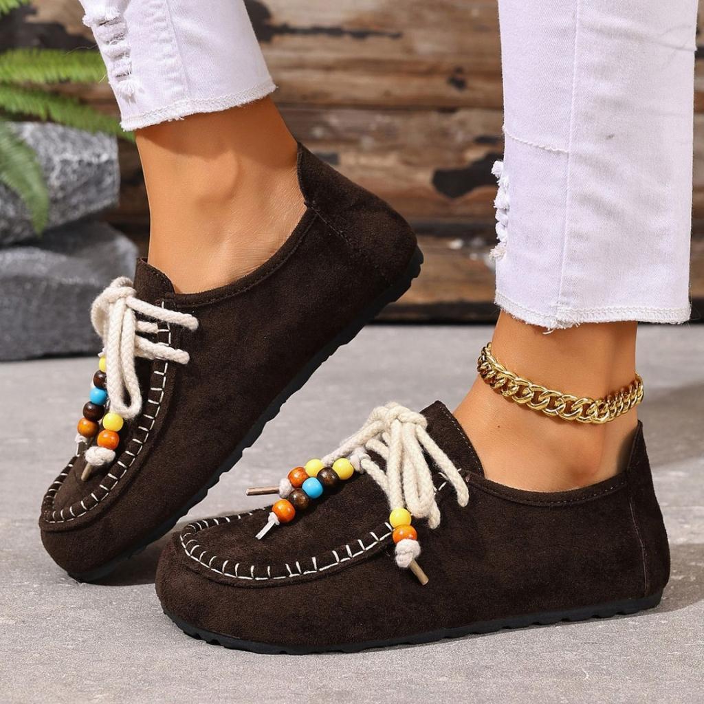 Fashion Wholesale Women's Flat Shoes Round Toe Lace-up String Bead Shoes Women Leisure Retro Style One Kick Spring Autumn Single Shoes