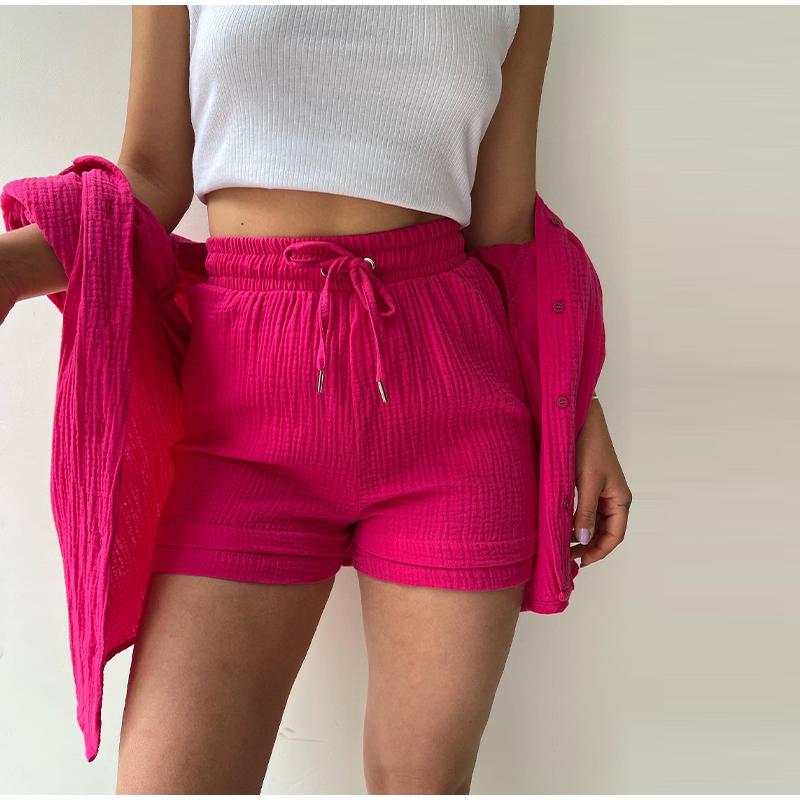 Wrinkled Lace-up Wide Leg Short Pants Set Wrinkled Fabric Woman Solid Long Sleeve Pockets Cotton Shirt Shorts 2-Pieces Sets Casual Loose Outfit