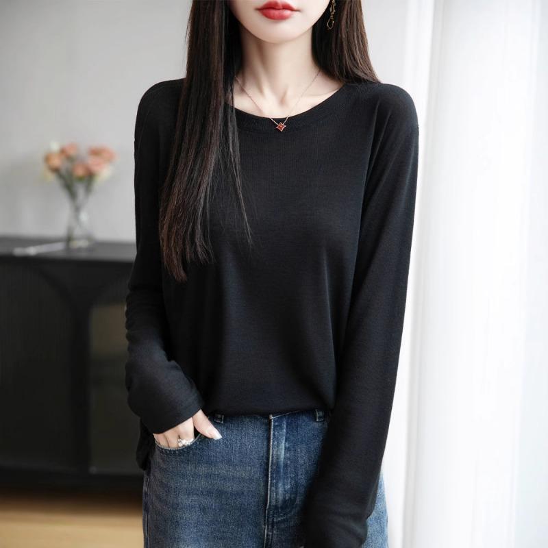 Summer New Crew Neck Knitted Sweater Long-sleeved Solid Color Loose Versatile Pullover Bottoming Shirt Women's Knitted Sunscreen Shirt