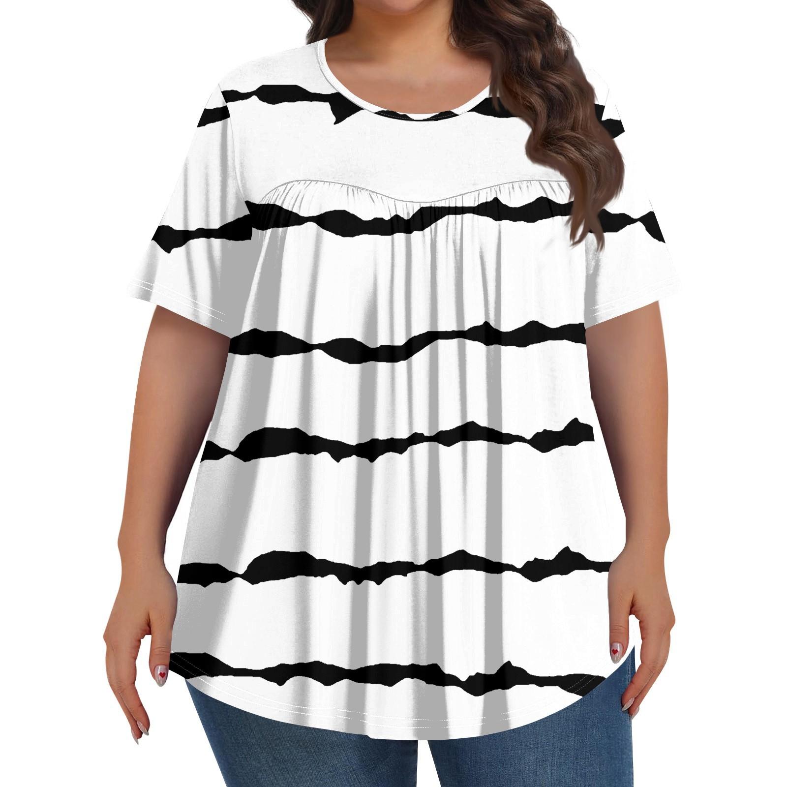 

Женская мода больших размеров, повседневный топ с короткими рукавами, геометрическим полосатым принтом, круглым вырезом спереди и складками XL белый