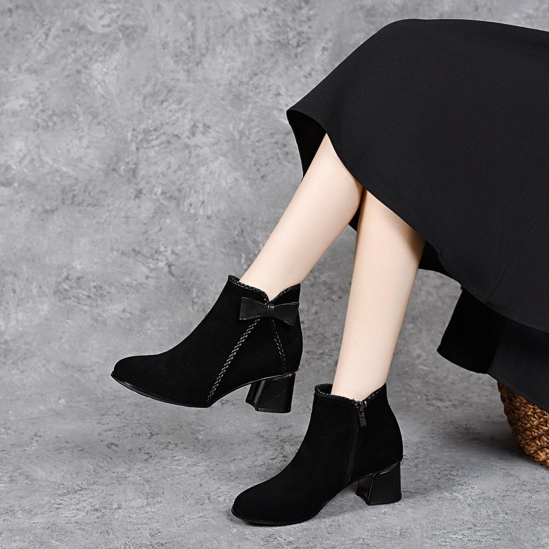 

Женские короткие ботинки осень-зима с бантом, с круглым носком, две модные модели, женские ботинки из черной овчины, женские хлопковые ботинки 41