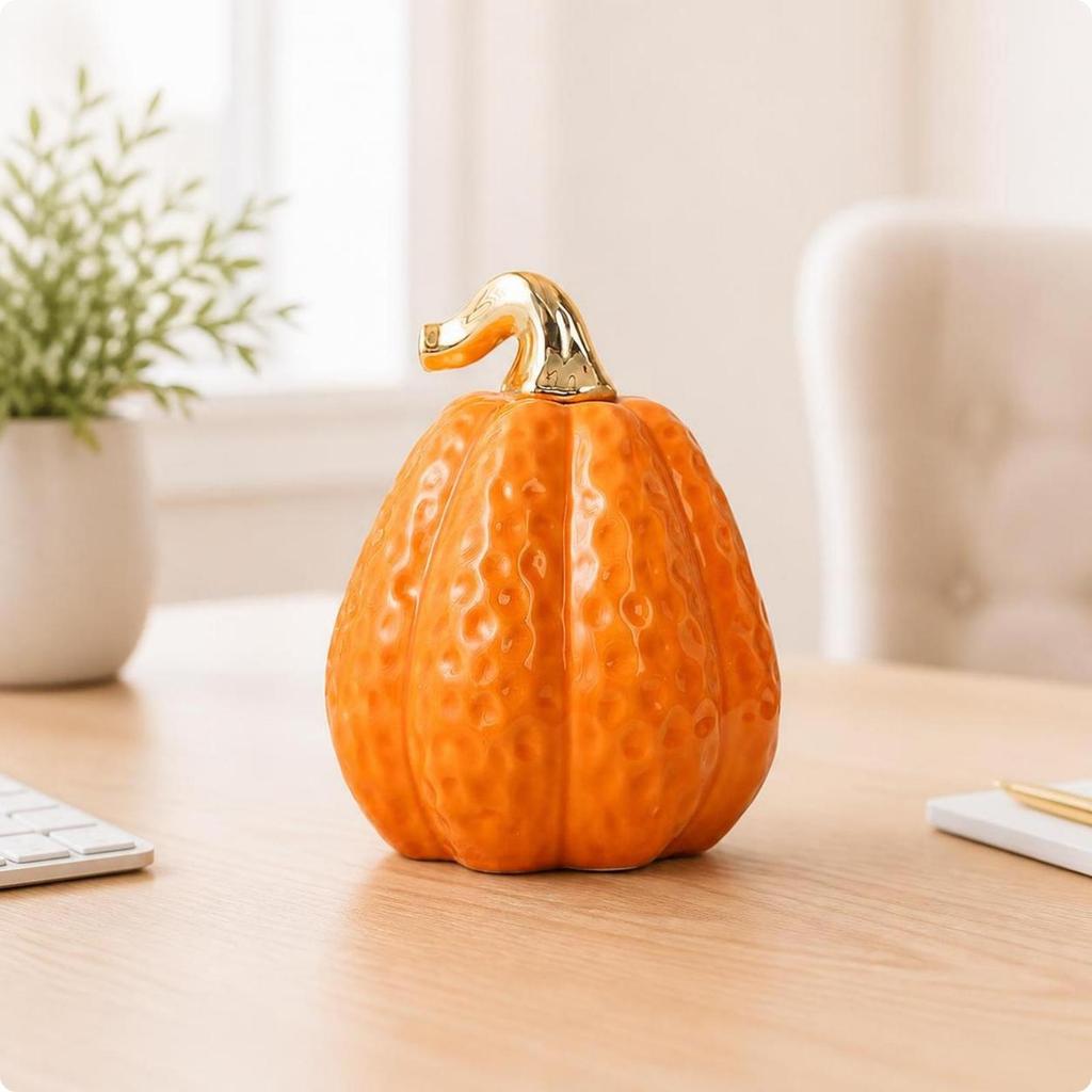 Ceramic Pumpkin Figurine Ribbed Thanksgiving for Desk