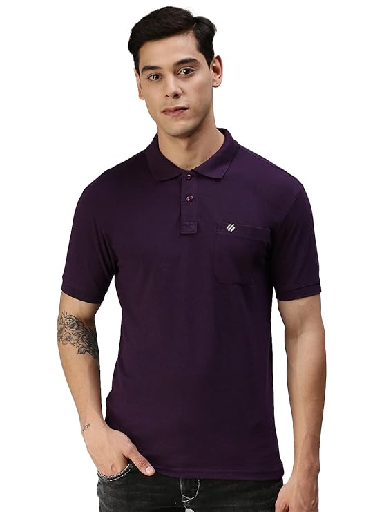 Men s Solid Collar Half Sleeves Plain-Regular Fit Tshirt - Purple M фиолетовый