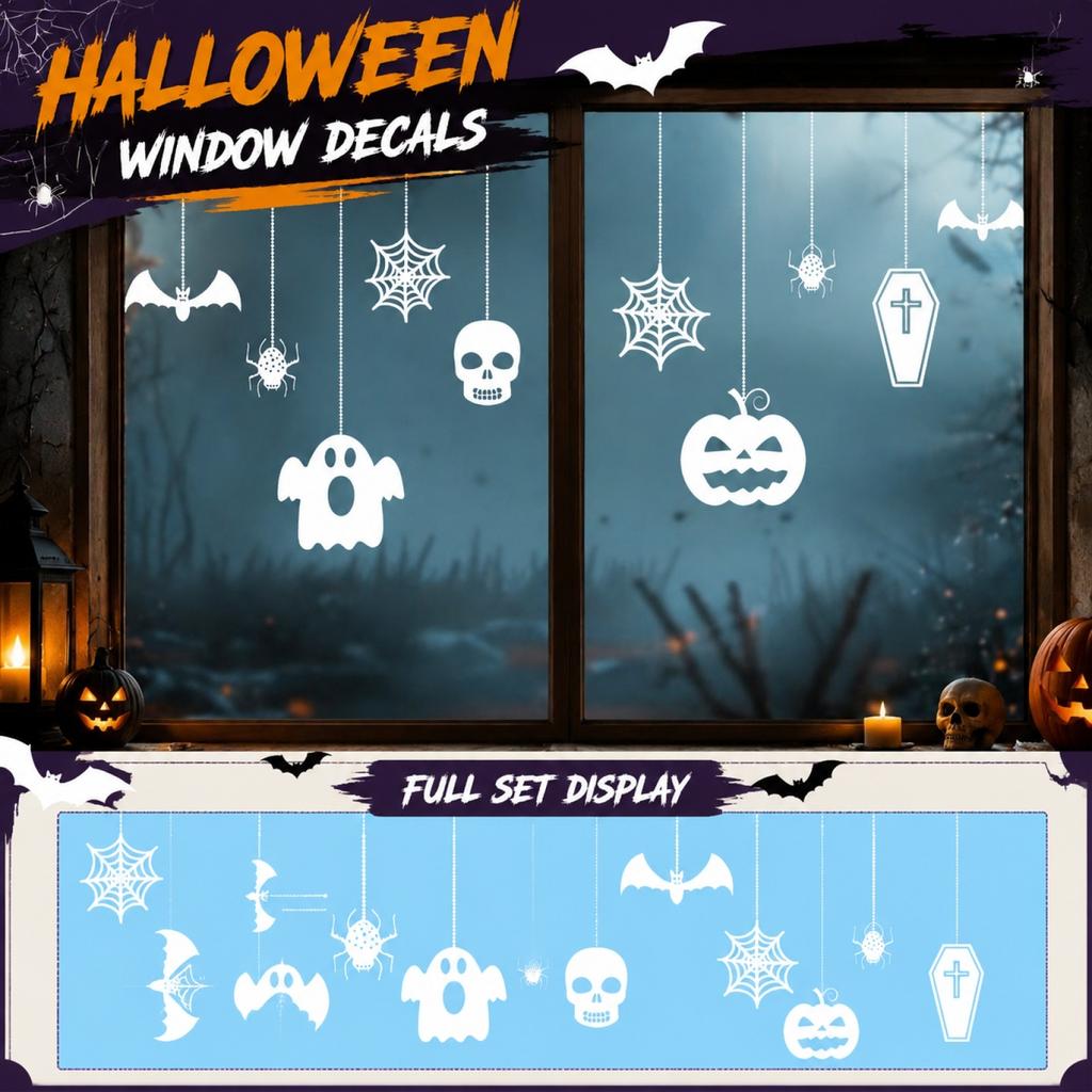 Removable Halloween Static Cling Window Stickers Ghost Pumpkin Bat Spider Web Decals for Glass Door and Window Decoration