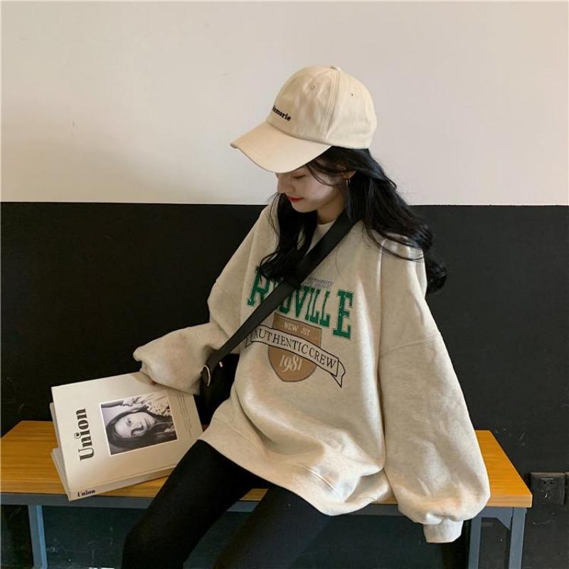 Women Long Sleeve O Neck Loose Pullovers Female Tops Solid Color Sweatshirts