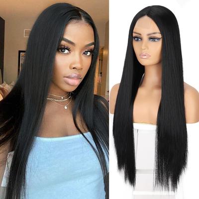 Women Long Straight Black Hair Without Bangs Synthetic Fiber Cosplay Daily Wear Lace Front Black Wig for Women