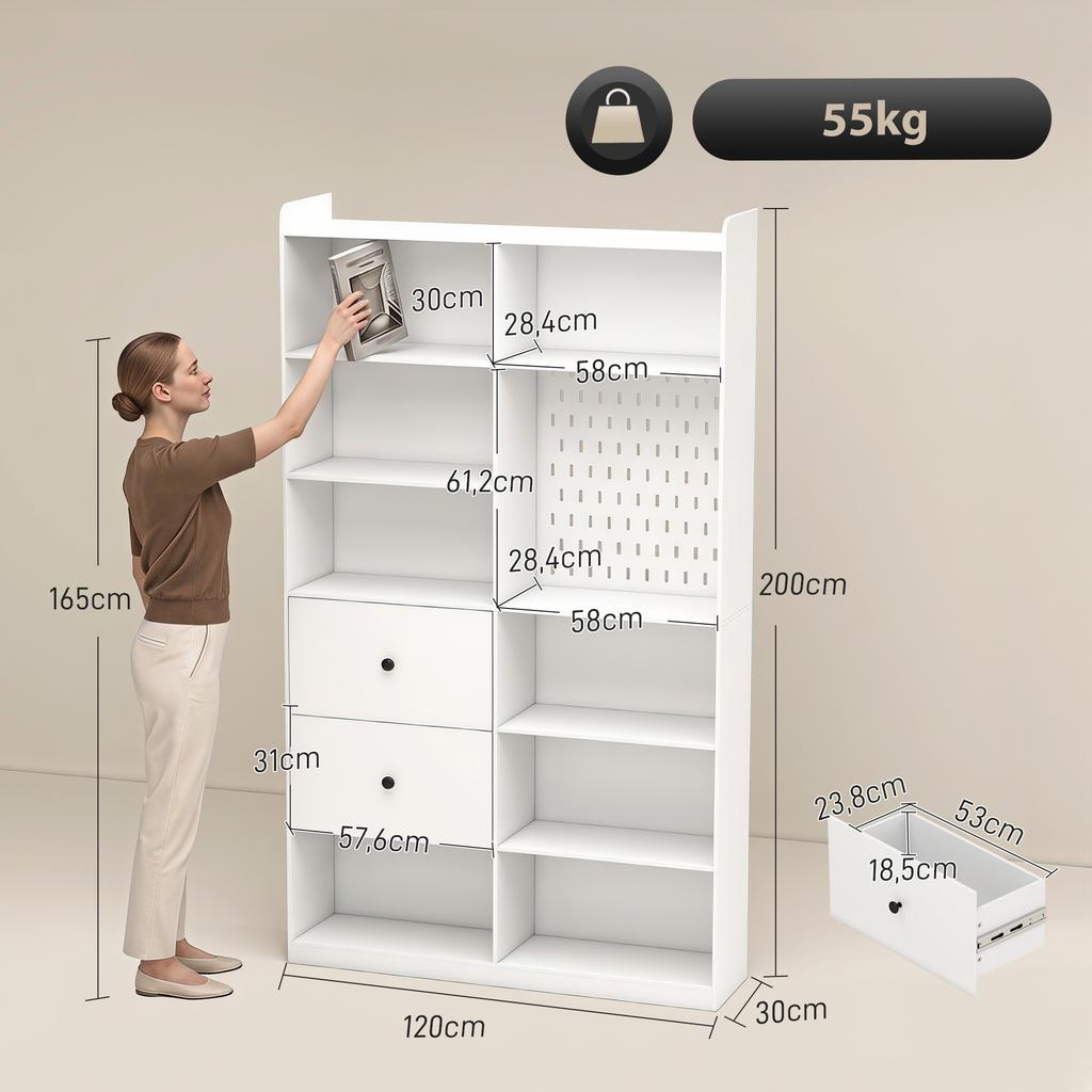 Bookshelf, 6-Tier, 120 x 30 x 200 cm, Storage Unit with 2 Drawers, Perforated Panel, White