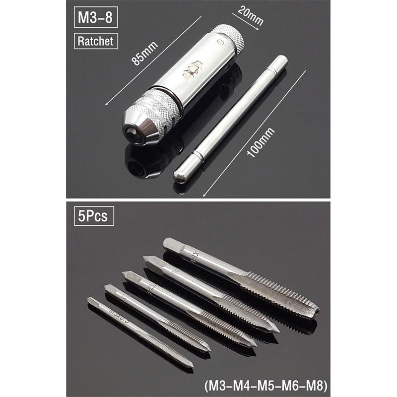 Nastavitelná M3-8 T-rukojeť s ráčnou Držák závitníku Klíč M3-M12 Sada vrtáků na závitníky Sada ručních závitníků a šroubových závitů Vrták pro závitníky